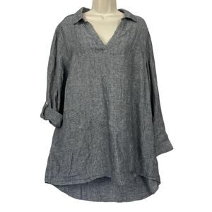 Tahari Linen Tunic Top Womens 1X Gray Roll Tab Sleeve Flowy Relaxed Minimalist